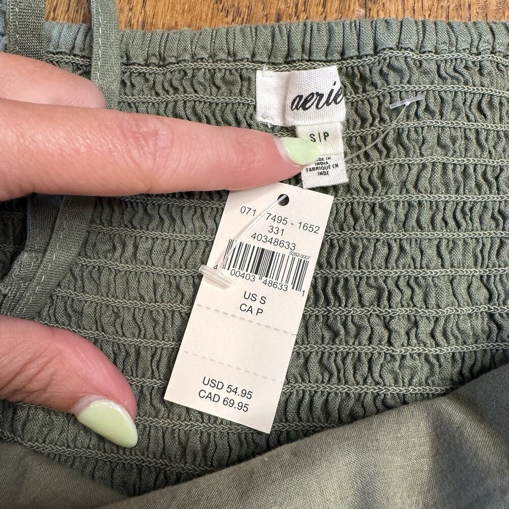 AERIE Linen Blend Mini Dress Women's Size S Olive Green Pockets Beach Boho NWT - Picture 2 of 6